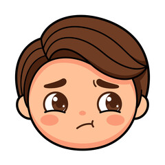 Sad boy face sticker cartoon illustration of a cute upset male child character showing a sad emotion and crying eyes expression isolated on white background
