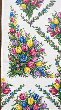 Artistic textile pattern showing abstract botanical shapes and vibrant blossoms created with heavy, textured impasto brushstrokes on linen, paintwork, pattern, background 
