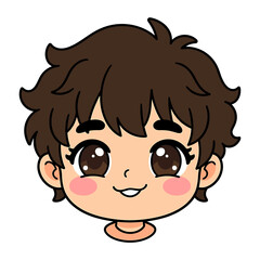 Obraz premium Cute Chibi Boy Face Sticker with Brown Messy Hair and Big Sparkling Eyes for Digital Art and Kids Projects