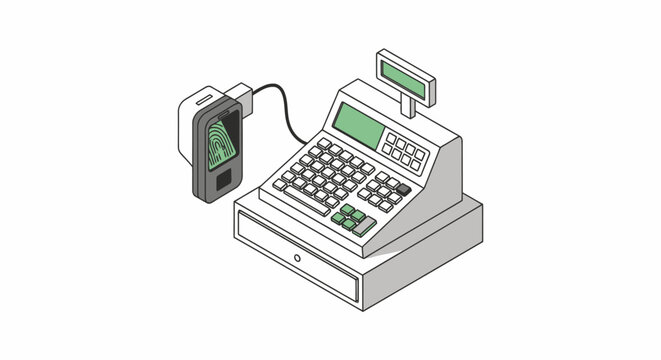 Cash register machine with biometric fingerprint scanner