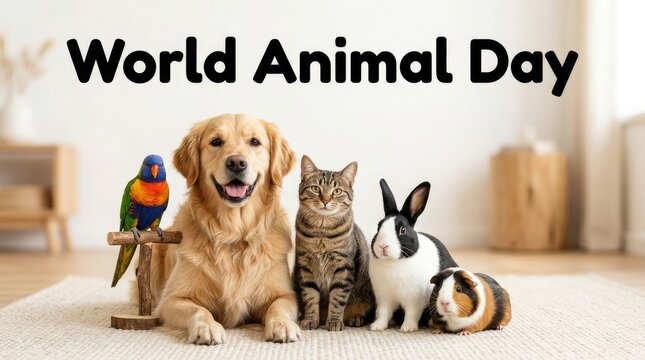 Group of diverse domestic pets with colorful parrot celebrating World Animal Day