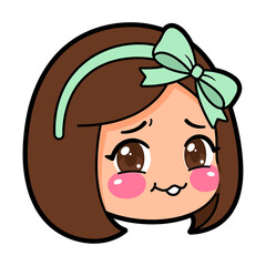 cute chibi girl sticker with blushing shy expression and green bow headband illustration for digital communication