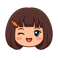 Cute cartoon girl's face with a carrot hair clip, winking with a happy expression, perfect for children's content and kawaii designs