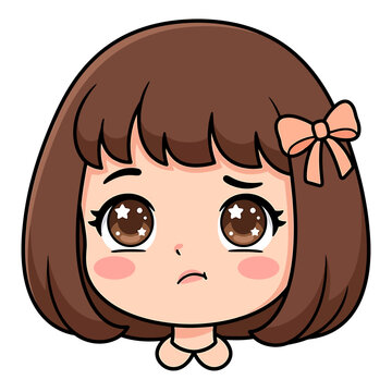 Cute chibi girl sticker with brown hair and pink bow showing a sad and worried expression for digital planning and scrapbooking