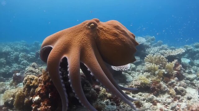 Giant Pacific octopus exploring vibrant coral reef underwater. Marine cephalopod camouflaging among sea life in ocean habitat.