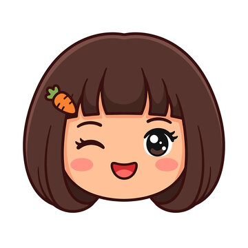 Cute cartoon girl's face with a carrot hair clip, winking with a happy expression, perfect for children's content and kawaii designs