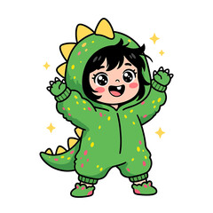 Fototapeta premium Cute little girl wearing a green dinosaur costume cheerful kid in anime chibi style cartoon character illustration