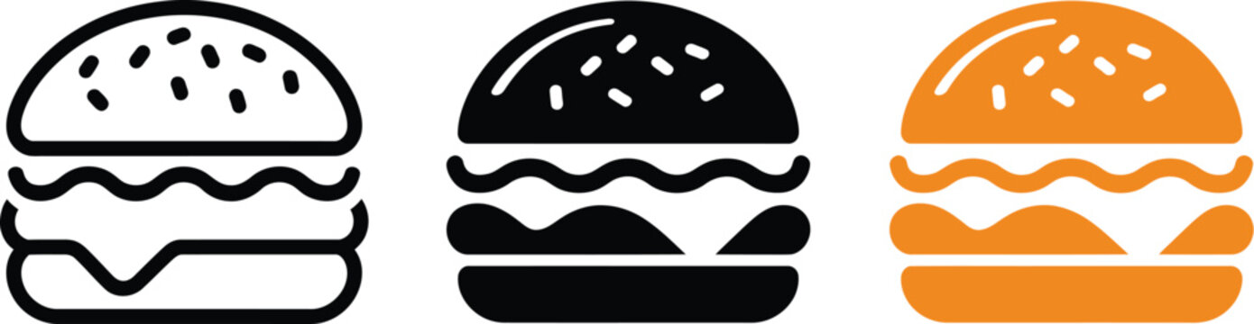 Hamburger menu icon pack with outline, filled black, and orange variations, minimalist navigation interface, web and mobile UI controls, vector, designs