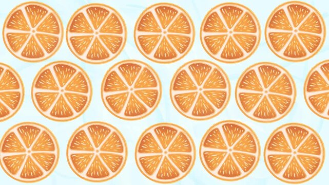 Cute oranges wiggling on summer with blue water splashes background, motion graphic with dynamic appearance and disappearance loop. Hand drawn oranges orange fruit and light blue background for summer