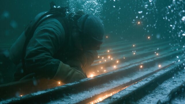 Underwater welder performing hot work on submerged metal structure with sparks flying