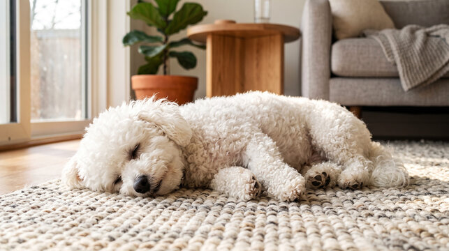 Adorable white fluffy dog sleeping peacefully on a woven rug in a sunlit living room.