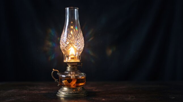 Elegant antique oil lamp emitting warm glowing light against dark background
