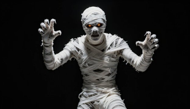 A scary mummy wrapped in white bandages reaching out with clawed hands against a dark black background for halloween horror