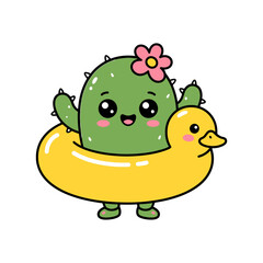 Fototapeta premium Cute kawaii cactus character floating on a yellow duck swim ring for summer vacation graphics