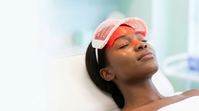 Beauty Treatment: A woman with dark skin enjoys a facial treatment, wearing a red LED light therapy mask. She is lying down, eyes closed, with a serene expression.