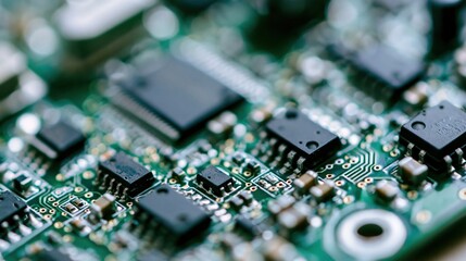 Fototapeta premium Detailed Macro View of a Green Circuit Board with Integrated Circuits and Components