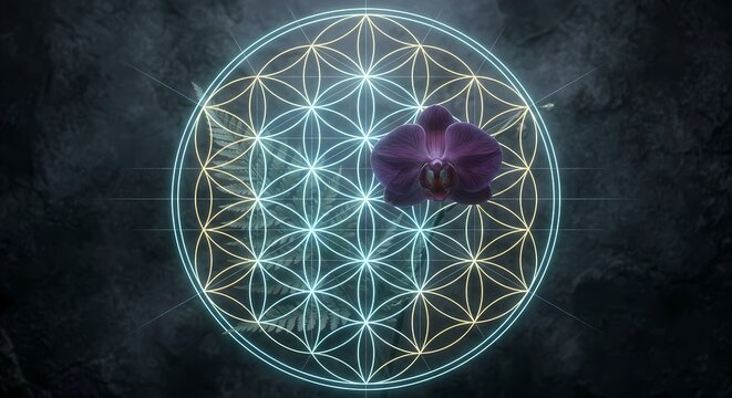 Abstract Luminous Flower of Life Sacred Geometry with Purple Orchid and Fern on Dark Stone Background, Divine Patterning 