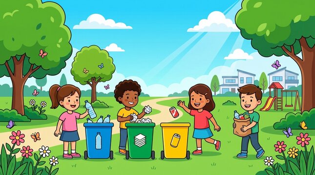 Diverse Kids Recycling Trash and Cleaning Up the Environment in a Sunny Park