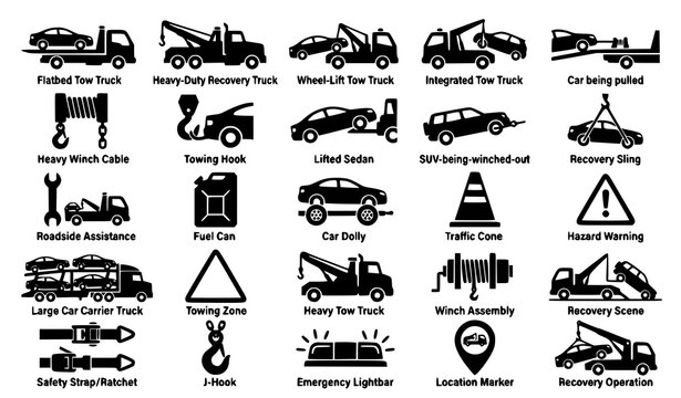Labeled Tow Truck and Roadside Assistance Silhouette Icon Set for Car Recovery Services, Automotive Apps, and Emergency Guide Graphics