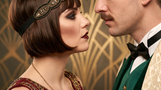Elegant roaring 1920s couple in vintage flapper attire posing intimately before an Art Deco background, capturing the sophisticated and romantic atmosphere of the jazz age.