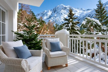 Fototapeta premium Balcony with wicker chairs overlooking snowy Alps mountains