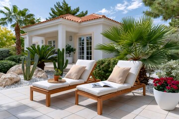Fototapeta premium Garden terrace with sun loungers at luxury villa