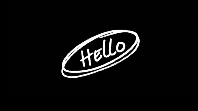 Minimalist artistic white handdrawn hello text scribble animation inside oval circle on black background Video 4K