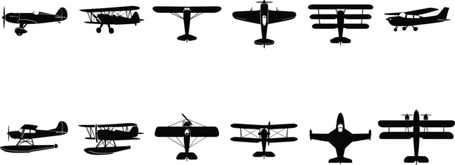Black airplane silhouette collection, biplane triplane seaplane icons, aviation vector art, diverse aircraft illustration set, retro flight design bundle © Artist RH
