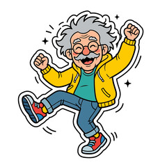 Cute Cartoon Character Illustration of a cheerful and energetic senior man dancing and celebrating with joy