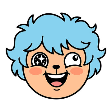 Cute Cartoon Character Illustration of a Playful Blue-Haired Face with Sparkly Eyes, Winking with a Joyful Expression