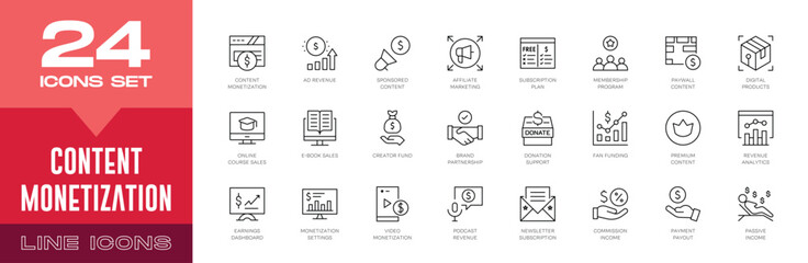 Fototapeta premium Content Monetization Line Icons Set - Creator Revenue, Digital Income, Editable Stroke Vector Collection