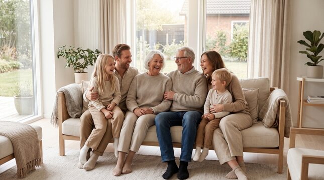 Joyful Family Portrait Gathering Together in Cozy Living Room Setting