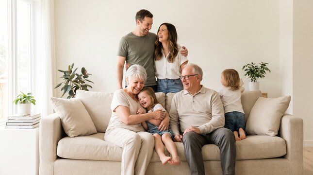 Happy Family Relaxing Together on Cozy Sofa in Modern Living Room