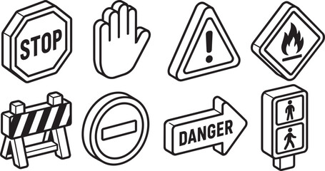 Fototapeta premium Isometric warning traffic signs and road safety icons set