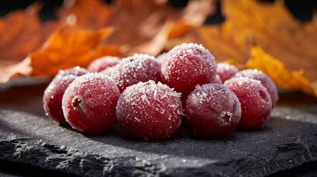 Close Up View of Frozen Ripe Red Cranberries with White Ice Crystals on Black Slate Plate Autumn Leaves Nature Background
