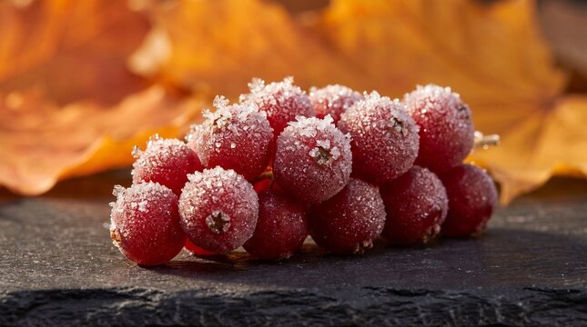 Close Up View of Frozen Red Currants with Hoarfrost Ice Crystals on Dark Stone Slate Platter Autumn Maple Leaves Background
