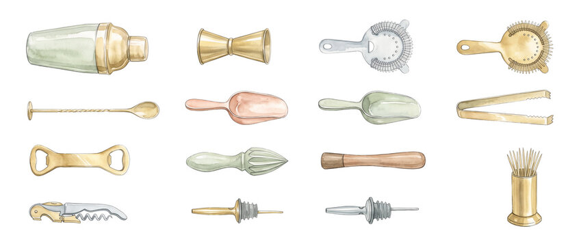 Watercolor cocktail bar tools set with shaker, jigger, strainer, spoon, and muddler isolated on white background for professional mixology, elegant barware illustrations, and craft drink menu designs.