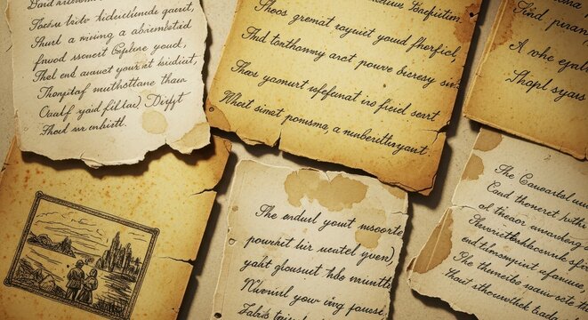 Collection of old, torn manuscripts with handwritten text and an illustration, vintage paper, aged documents