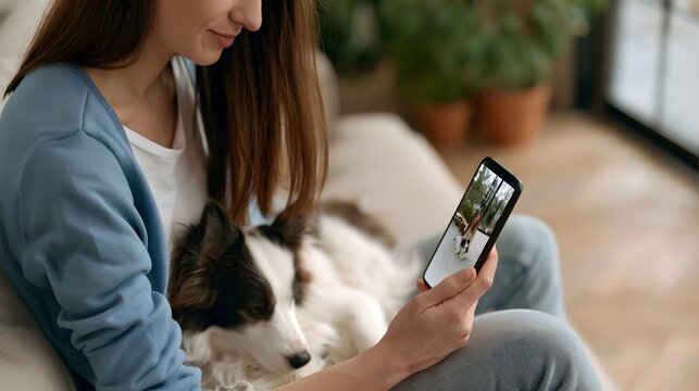 A woman sits comfortably on a couch holding her smartphone while a fluffy dog rests beside her