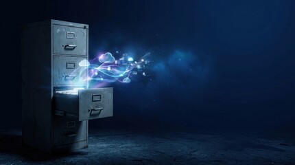 Naklejka premium File Cabinet Unleashing Digital Data: An old-fashioned file cabinet stands in a dark, textured environment, with one drawer open and emitting a vibrant stream of abstract.