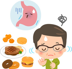 Fototapeta premium 油っこい料理を避ける胃が弱った中年男性