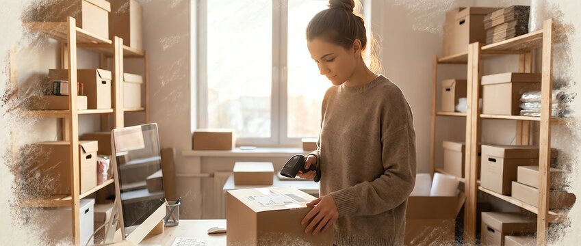 Woman scanning barcode on cardboard box near computer and shelving