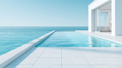 Fototapeta premium Modern Luxury Villa Infinity Pool Overlooking Serene Blue Ocean Horizon