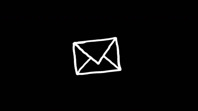 Artistic white hand-drawn scribble style envelope mail icon message animation on a black background Video 4K