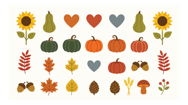 Autumn leaves vector collection, vibrant fall foliage, diverse leaf shapes in warm seasonal colors, nature-inspired graphic resource for seasonal designs, 50 flat style illustrations.