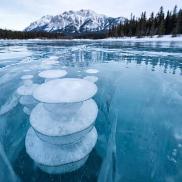 Close up shot of frozen methane gas bubbles trapped inside clear blue lake ice