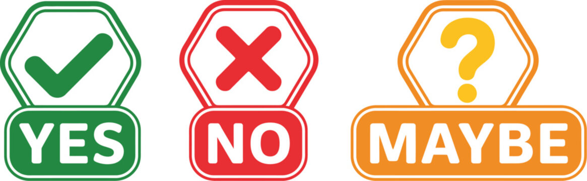 Check cross question mark icon set with yes, no, maybe symbols, decision status indicators, approval and rejection labels, web interface graphics, vector, designs