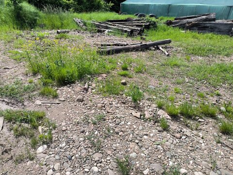 Neglected rural land plot with rocky soil weeds and weathered timber logs near a large greenhouse representing agricultural site development concept