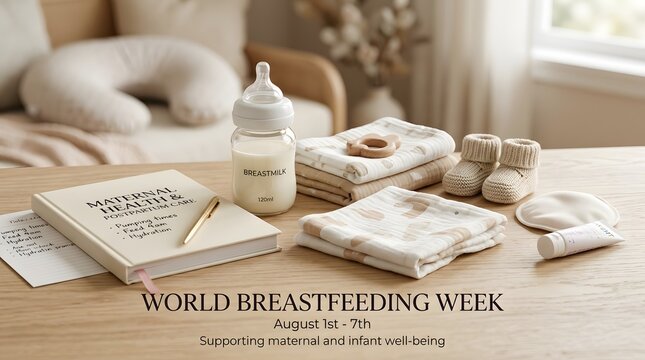 World breastfeeding week concept with baby accessories on table, breastfeeding