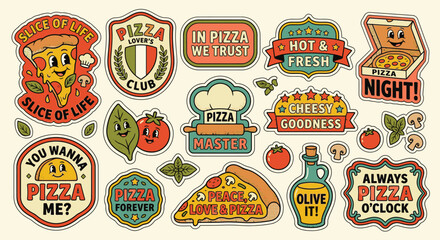 Naklejka premium Retro pizza sticker sheet featuring colorful die-cut designs, vintage typography, quirky Italian badges, smiling food characters, and chef elements in a fun Y2K hand-drawn vector style.
